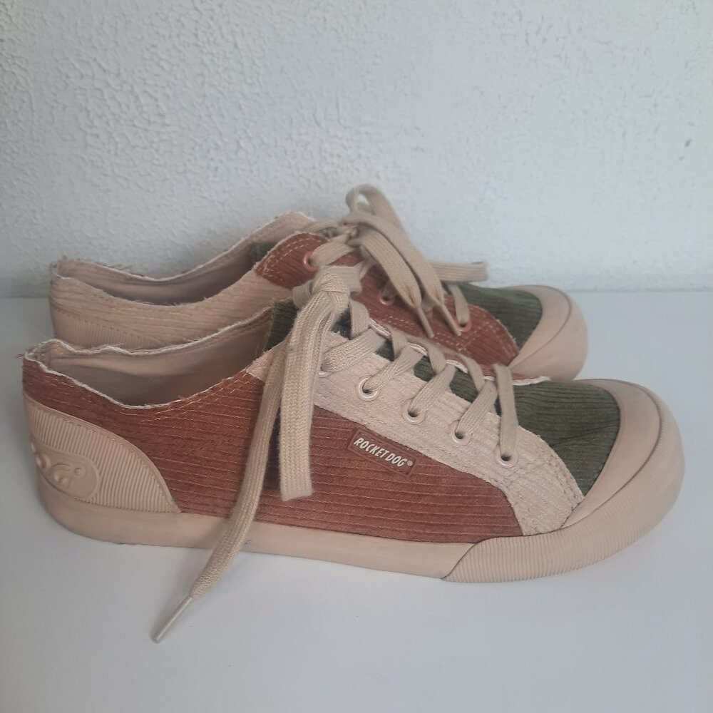 Rocket Dog Corduroy Green Tan Shoes Womens 9 Jazzin Color Block Lace Up Sneakers